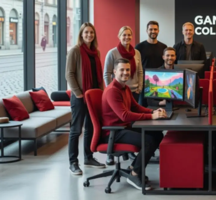 Entertopia Hub csapata egy modern, sötét hangulatú irodában dolgozik a platform fejlesztésén