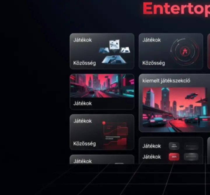 Entertopia Hub sötét, modern, gamer stílusú felülete